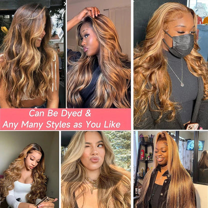 Body Wave Highlight Wigs Human Hair 13x6 hd Omber Lace Front Human Hair Pre Plucked Wig P4/27 Blonde and Brown Colored Wig 100% Lowell Lace Wig Store 1105062522