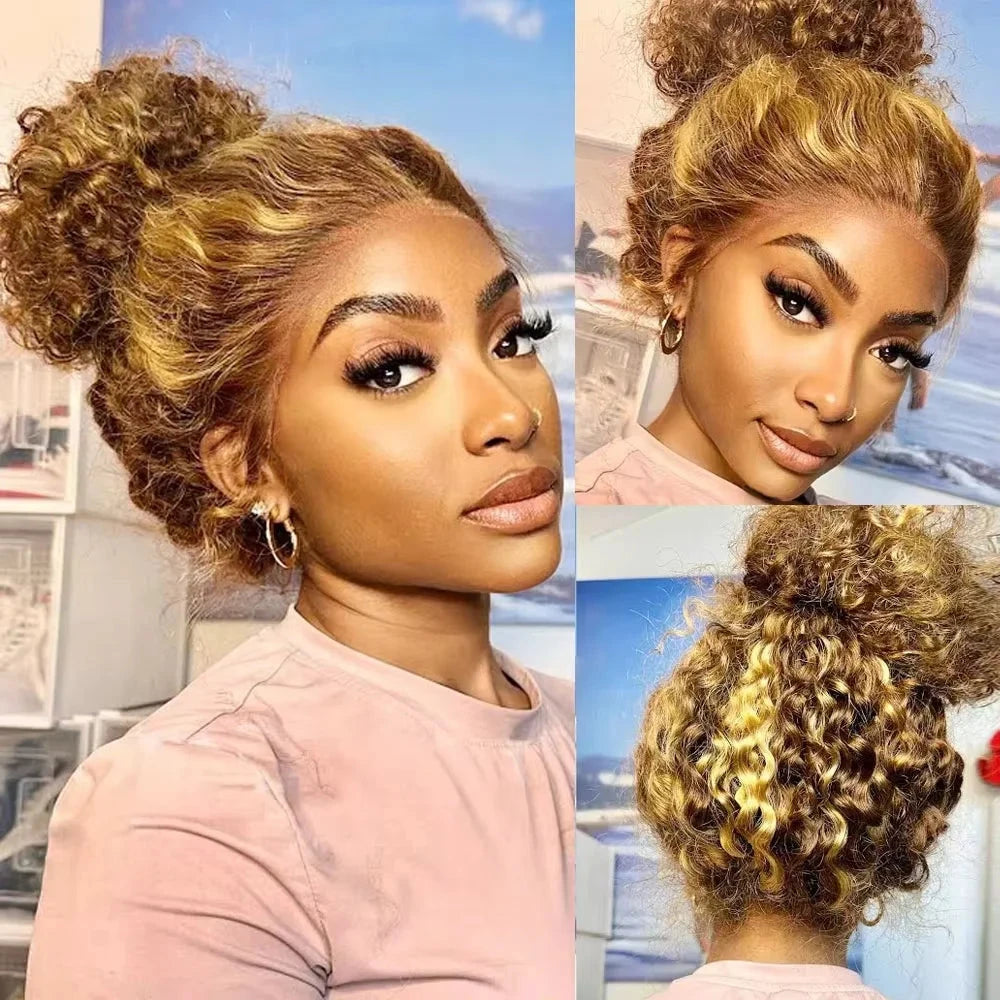 Curly Highlight Wig Human Hair HD Invisi-Strap 360 Full Lace Wig Pre Plucked 13x4 13x6  Deep Wave Lace Frontal Wigs For Women Finros Wig Store 1103412007