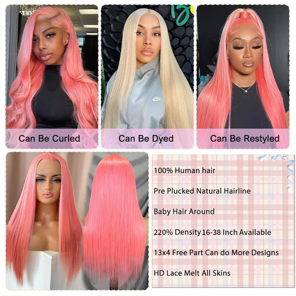 Pink Wig Straight Human Hair Wigs 13X6 Hd Lace Frontal Wig Transparent Lace Front Wig 220 Density Colored Brazilian Hair 30 Inch SANMAO Store 1104090548