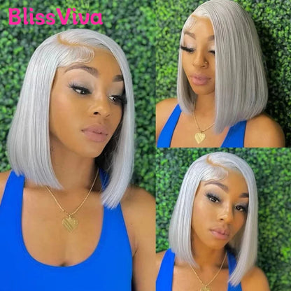 13x6 Short Bob Wigs Silver Grey Lace Front Wigs Human Hair Pre Plucked Ash Gray Blonde 613 Lace Frontal Wig Human Hair Bob Wig BlissViva Hair Store 1103372311