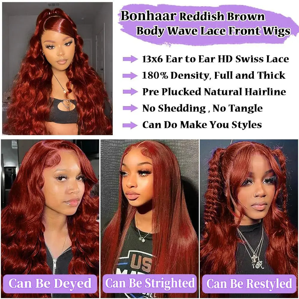 200 density Reddish Brown Body Wave 13x6 Hd Lace Front Human Hair Wig Brazilian 36 Inch Transparent Body Wave Lace Frontal Wigs Sierde Hair Store Store ID 1104033622