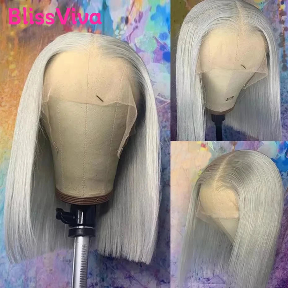 13x6 Short Bob Wigs Silver Grey Lace Front Wigs Human Hair Pre Plucked Ash Gray Blonde 613 Lace Frontal Wig Human Hair Bob Wig BlissViva Hair Store 1103372311