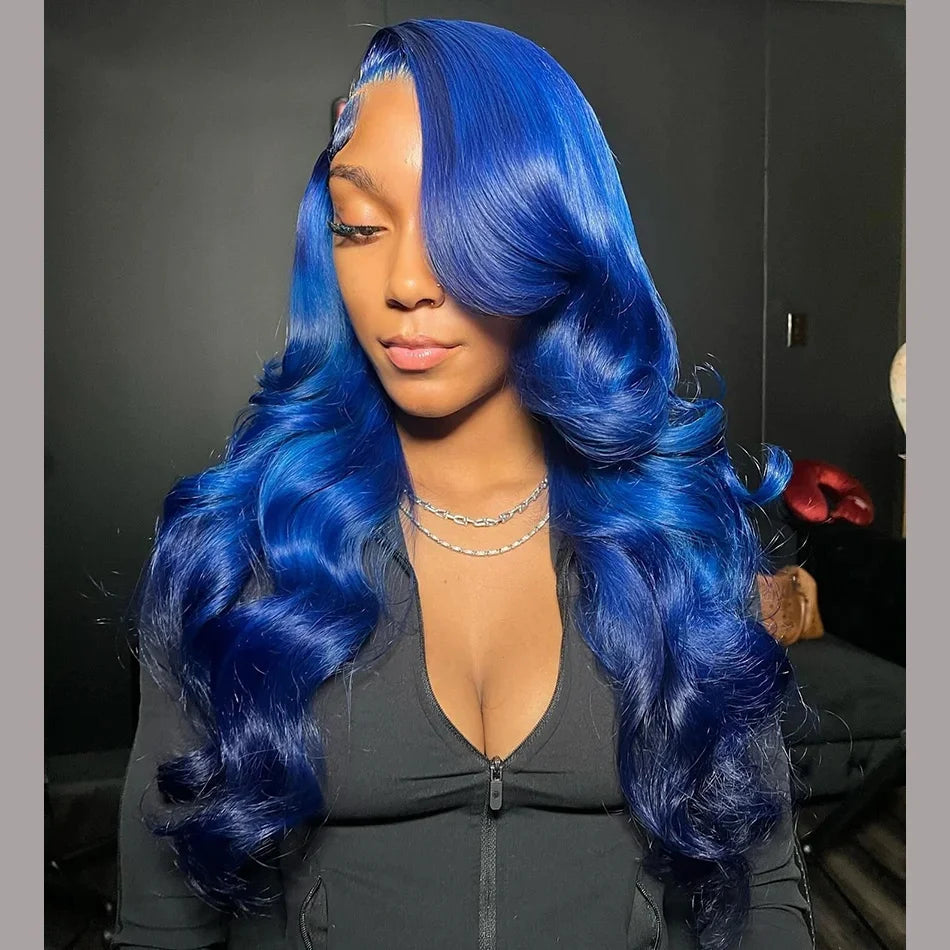 Dark Blue 13x4 HD Lace Front Human Hair Wigs For Women Pre Plucked Blue Body Wave Transparent Lace Frontal Wigs 100% Human Hair Qiwig Us Store Store ID 1104304813