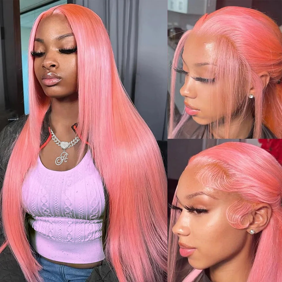 Pink Wig Straight Human Hair Wigs 13X6 Hd Lace Frontal Wig Transparent Lace Front Wig 220 Density Colored Brazilian Hair 30 Inch SANMAO Store 1104090548