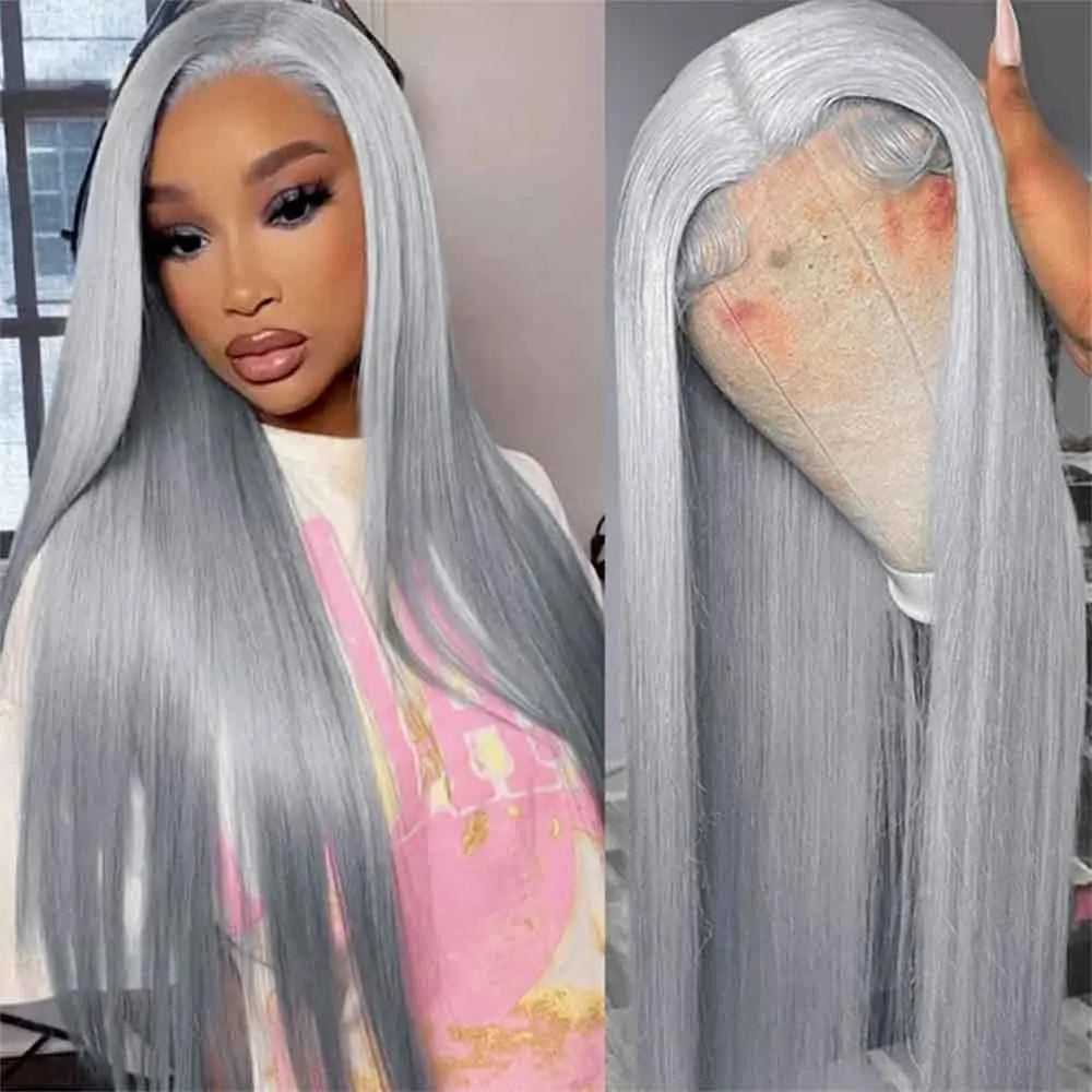 38 Inche Silver Grey Straight Lace Front Wig 100% Human Hair 613 Colored HD Transparent 13x6 Lace Frontal Wigs Cosplay Pre Pluck Fiquetel US Store Store ID 1104072973