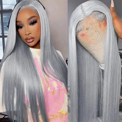 38 Inche Silver Grey Straight Lace Front Wig 100% Human Hair 613 Colored HD Transparent 13x6 Lace Frontal Wigs Cosplay Pre Pluck Fiquetel US Store Store ID 1104072973