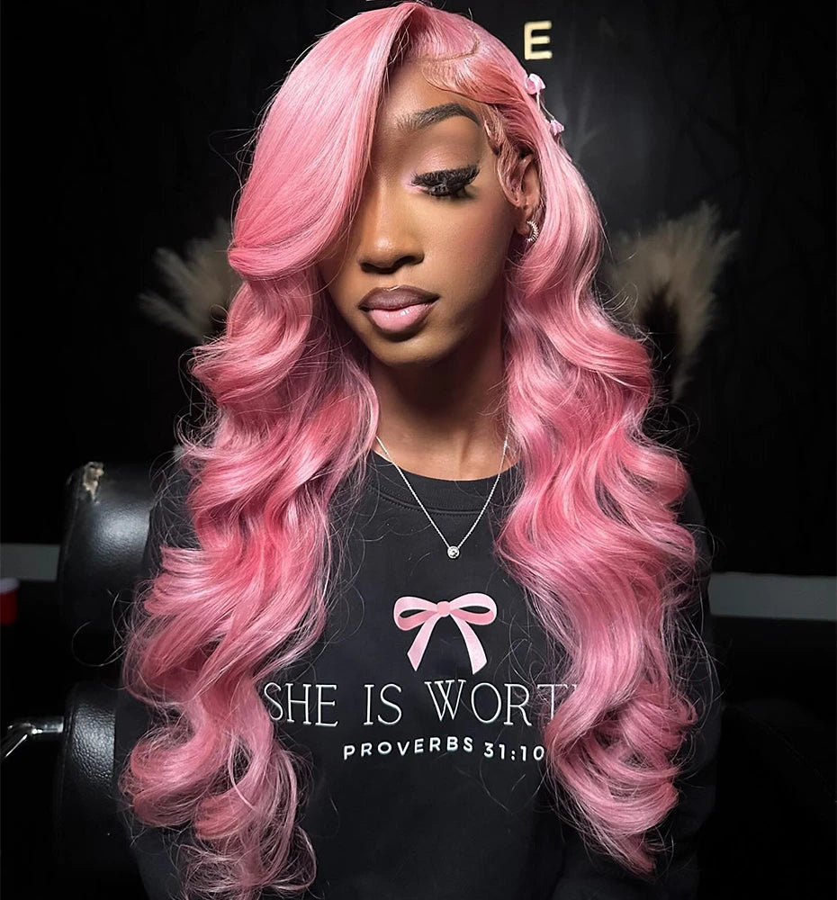 Bubblegum Pink Body Wave Colored HD Lace Frontal Wig 13x6 Brazilian Transparent 36 40 Inch Lace Front Human Hair Wigs For Women Verochic Wig Store 1103393254