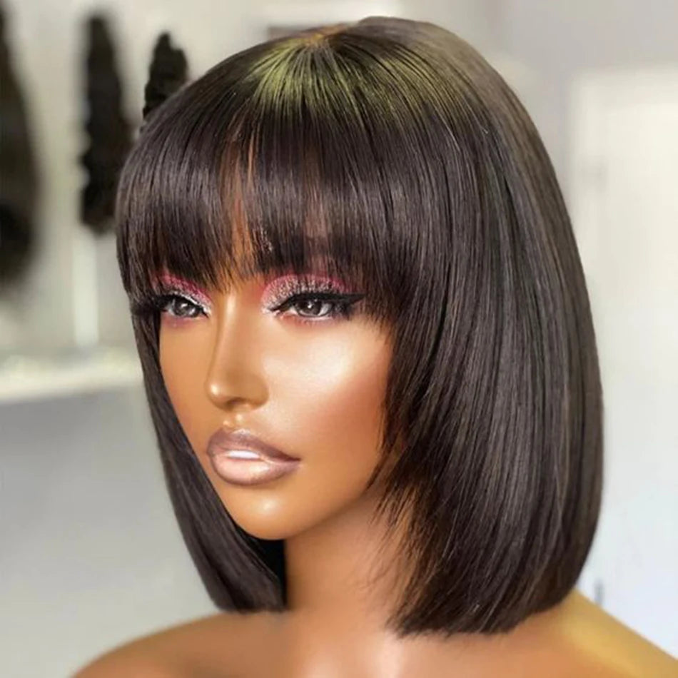 Wiggogo 3X1 Middle Part Lace Wig Bob Wigs Full Machine Made Bone Straight Human Hair Wigs With Bangs Short Bob Human Hair Wigs Wiggogo US Store Store ID 1103570610