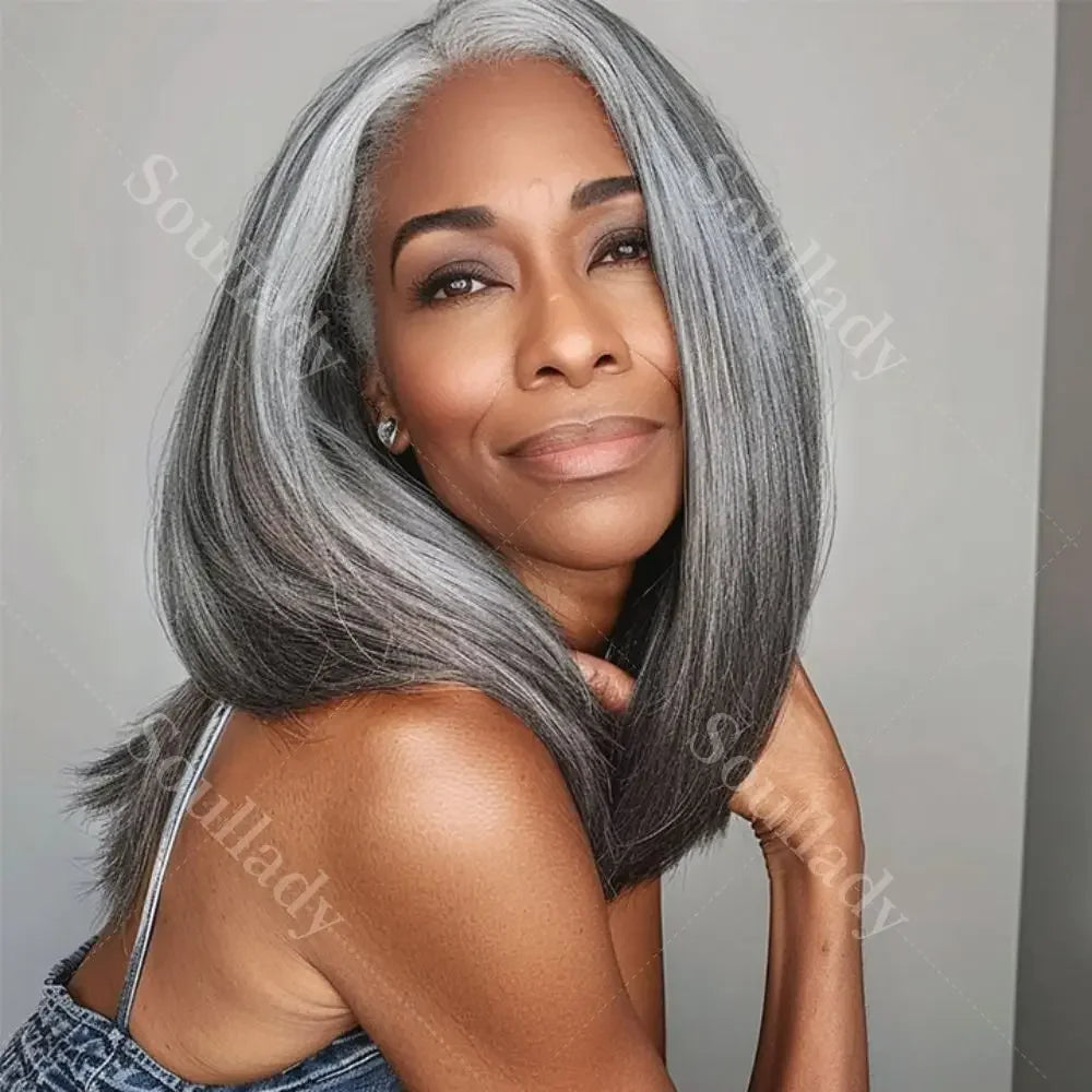 WIG QUEEN Silver Luxe Gray HD 13x4.5 Lace Frontal Wigs Straight Real Human Hair Wigs Salt And Pepper Front Wig For Mature Women Wig Queen US Store Store ID 1103587128
