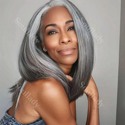 WIG QUEEN Silver Luxe Gray HD 13x4.5 Lace Frontal Wigs Straight Real Human Hair Wigs Salt And Pepper Front Wig For Mature Women Wig Queen US Store Store ID 1103587128