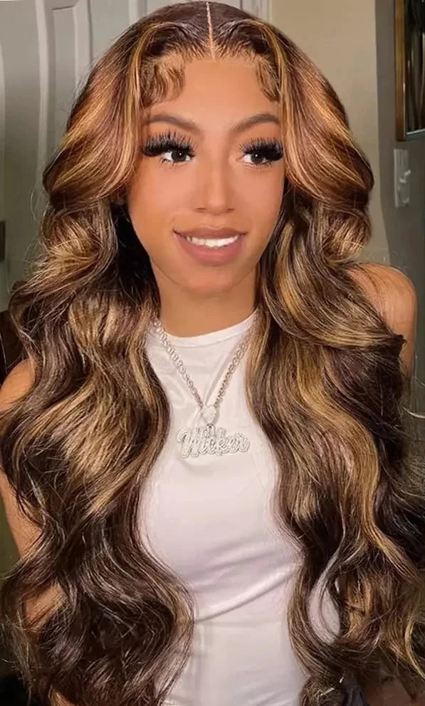 13x4 Hd Transparent Lace Front Wig Colored Highlight Human Hair Wigs For Women Brazilian Body Wave 4/27 Blonde Pre Plucked Wigs Wig Queen US Store Store ID 1103587128