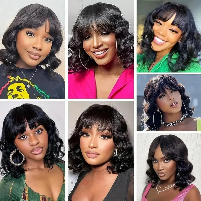 Chic Body Wave Bob Wigs With Bangs Human Hair Wigs 180% Density Glueless Full Machine Made Peruvian Remy None Lace Fringe Wig Wig Queen US Store Store ID 1103587128
