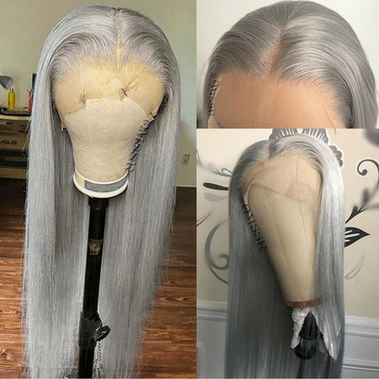 Silver Grey Straight Wigs Human Hair Vietnamese 220% Density 13x6 HD Lace Frontal Colored Wig 38 Pre Plucked With Baby Hairline Line Hair Oversea Store Store ID 1103579756