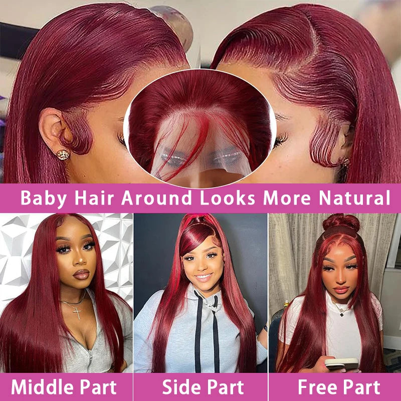 99j Burgundy Bone Straight Lace Front Human Hair Wig 36 Inch 13x6 Pre Plucked Premium Red Straight Lace Frontal Human Hair Wig Sierde Hair Store Store ID 1104033622