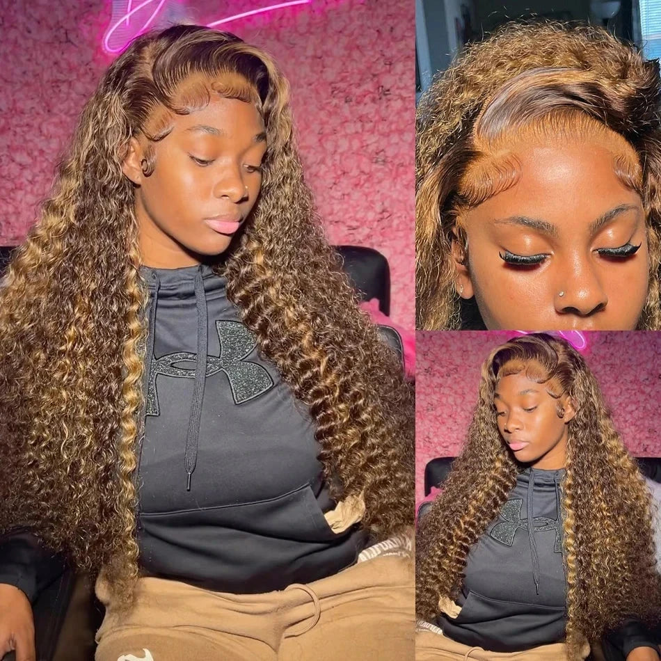 200 High Density Deep Wave Highlight 13x4 13x6 HD Lace Frontal Water Wave Wig Brazilian 100% Colored P4/27 Curly Human Hair Wigs Lowell Lace Wig Store 1105062522