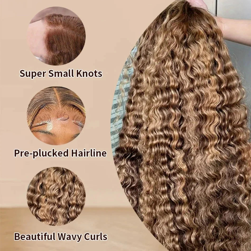 200 High Density Deep Wave Highlight 13x4 13x6 HD Lace Frontal Water Wave Wig Brazilian 100% Colored P4/27 Curly Human Hair Wigs Lowell Lace Wig Store 1105062522