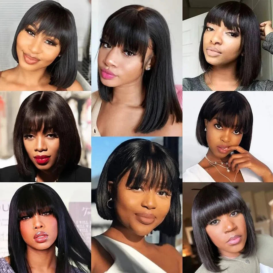 Wiggogo 3X1 Middle Part Lace Wig Bob Wigs Full Machine Made Bone Straight Human Hair Wigs With Bangs Short Bob Human Hair Wigs Wiggogo US Store Store ID 1103570610