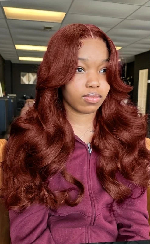 Shop Now the Rich Tone – Reddish Brown Body Wave Wig with 13x6 HD lace and 200% density. Soft bounce, melted lace, and radiant color