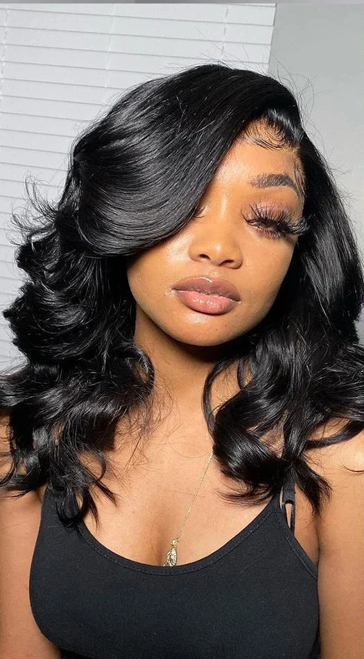 Model wearing Wave Bob – Polished Glow 13x6 HD Lace Wig, styled in soft wave texture with natural hairline.