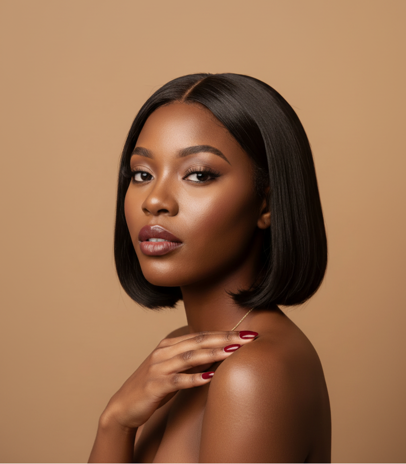 Woman with a short black bob hairstyle against a beige background
