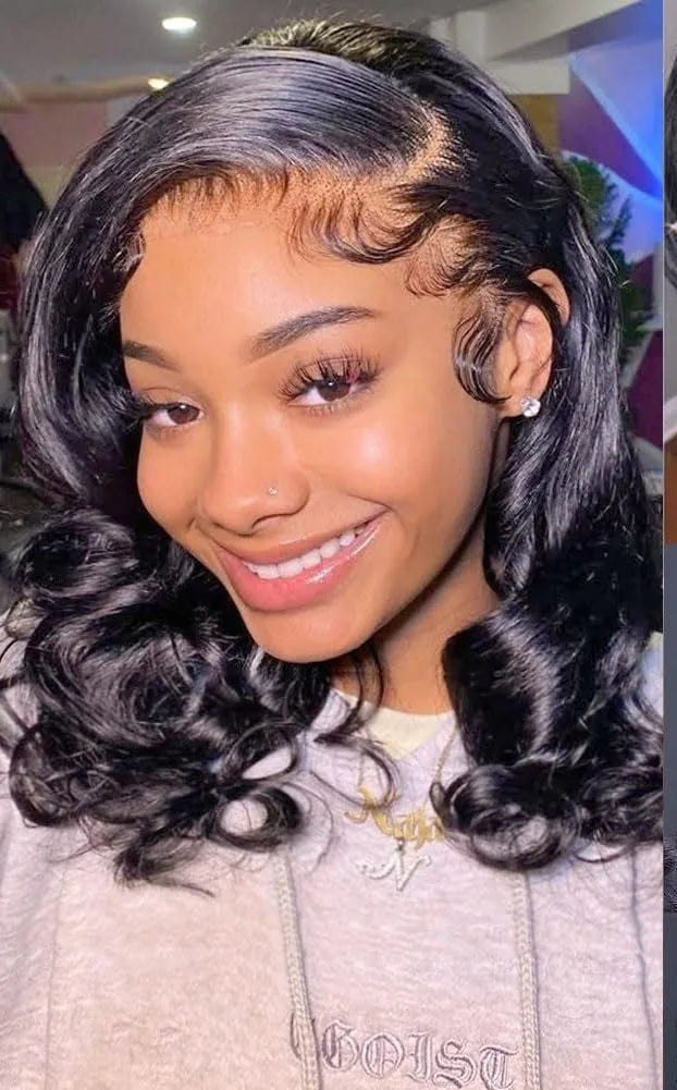 Model wearing Soft Sculpt – Body Wave Bob Wig with Swiss lace, styled in body wave texture with natural hairline.