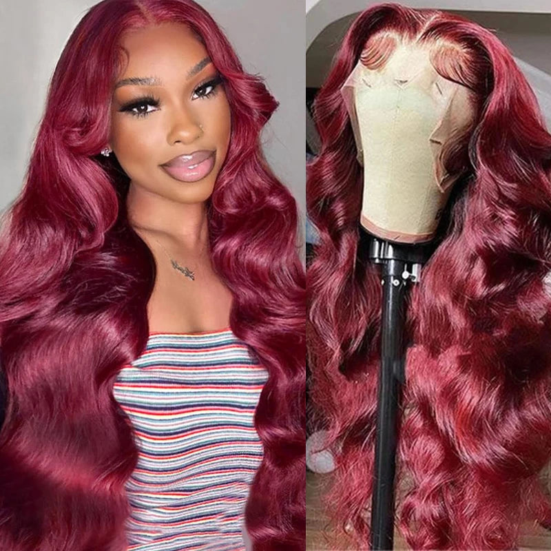 Model wearing Body Wave – Burgundy Slay 13x4/13x6 Lace Front Wig, styled in soft waves with baby hair and natural hairline.