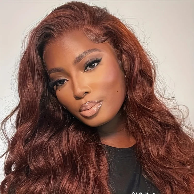 Model wearing Body Wave Luxe – Reddish Brown 13x4 HD Lace Front Wig, styled in soft body wave texture with natural hairline.