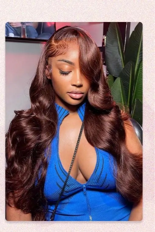 Model wearing Body Wave – Rich Cocoa 13x6 HD Lace Wig, styled in soft waves with natural hairline and warm brown color.