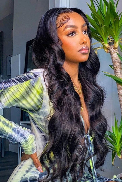 Model wearing Brazilian body wave wig 4x4 HD lace