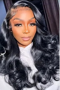 Model wearing Body Wave Wig – HD Lace 13x6 – Natural Black – Deep Signal, styled in soft waves with seamless lace melt and deep parting.