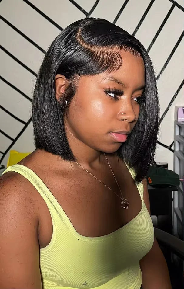 Model wearing Bone Bob – Straight Wig with 13X4 HD lace, styled bone straight with pre-plucked hairline and baby hair.