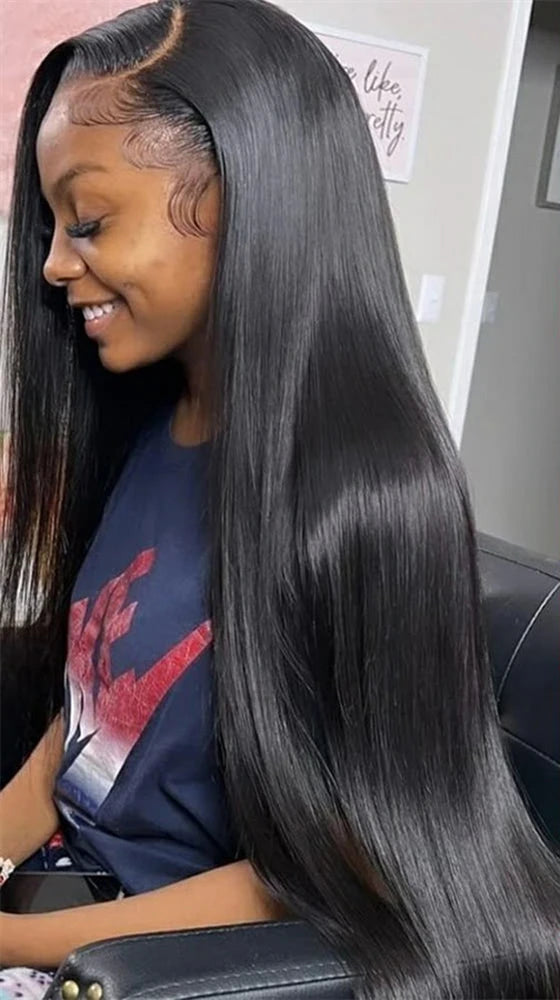 Model wearing Bone Straight Wig HD Lace 360/13x6/13x4 – Sleek Mode, styled in silky straight strands with a flawless lace melt.