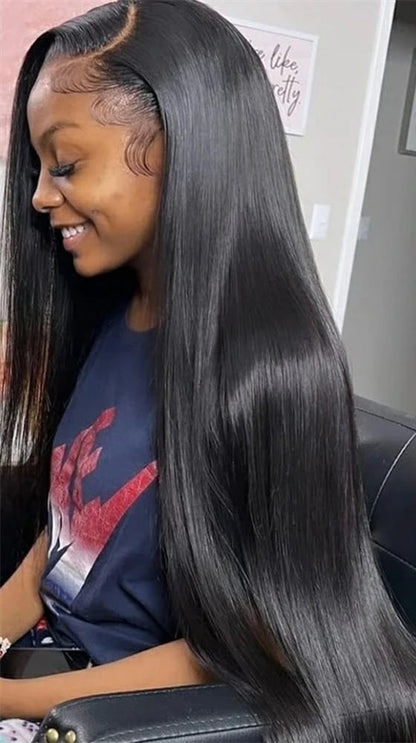 Model wearing Bone Straight Wig HD Lace 360/13x6/13x4 – Sleek Mode, styled in silky straight strands with a flawless lace melt.