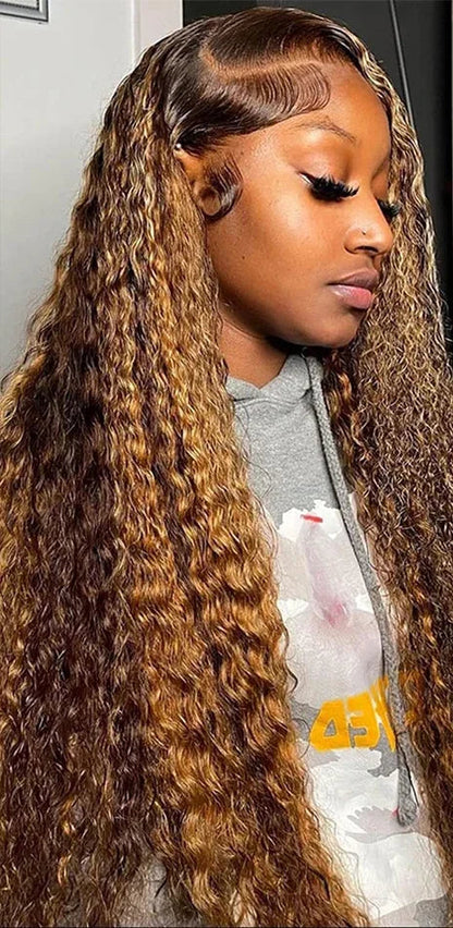 Model wearing Golden Honey Highlight Deep Wave Wig with Swiss HD lace, styled deep wave with natural hairline.