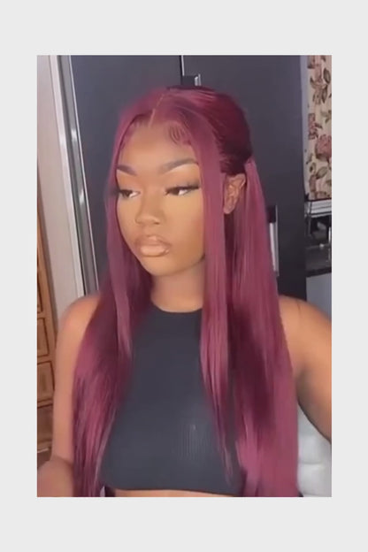 99j Burgundy Bone Straight Lace Front Human Hair Wig 36 Inch 13x6 Pre Plucked Premium Red Straight Lace Frontal Human Hair Wig