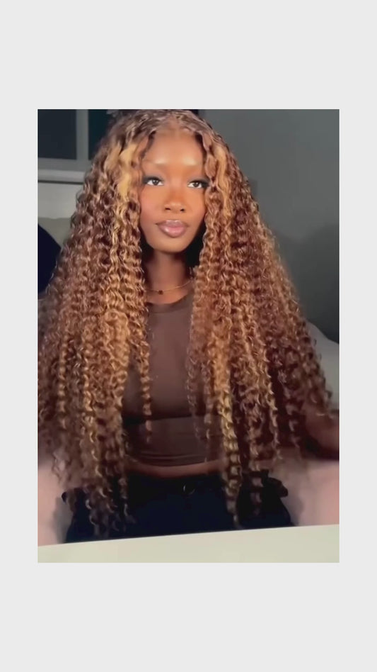 Glueless Wigs Deep Wave Honey Blonde 100% Human Hair Pre Cut Highlight Wear and Go Curly Wigs for Women Ombre HD Lace Front Wig