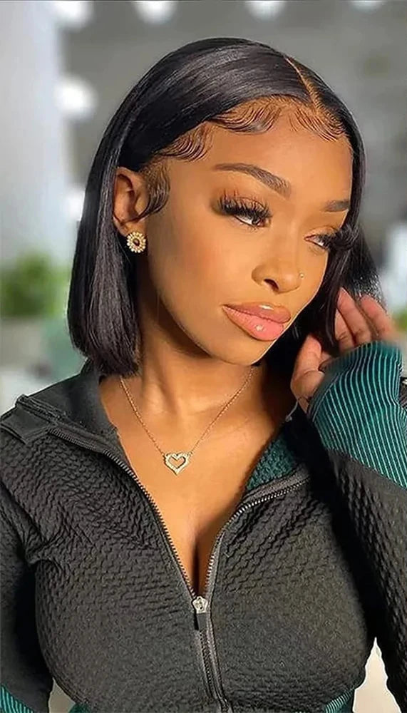 Model wearing Sculpted Bob Wig with HD lace, styled straight with glueless fit.
