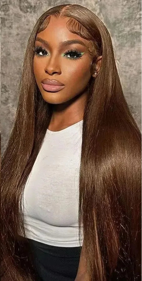 Model wearing Straight – Chocolate Glaze 4x4 HD Lace Wig, styled sleek with natural hairline.