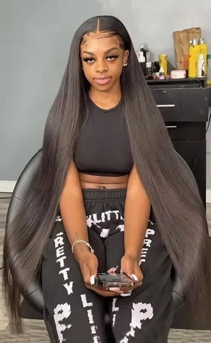 Model wearing straight wig with HD transparent lace in 13x4 and 13x6 frontal styles
