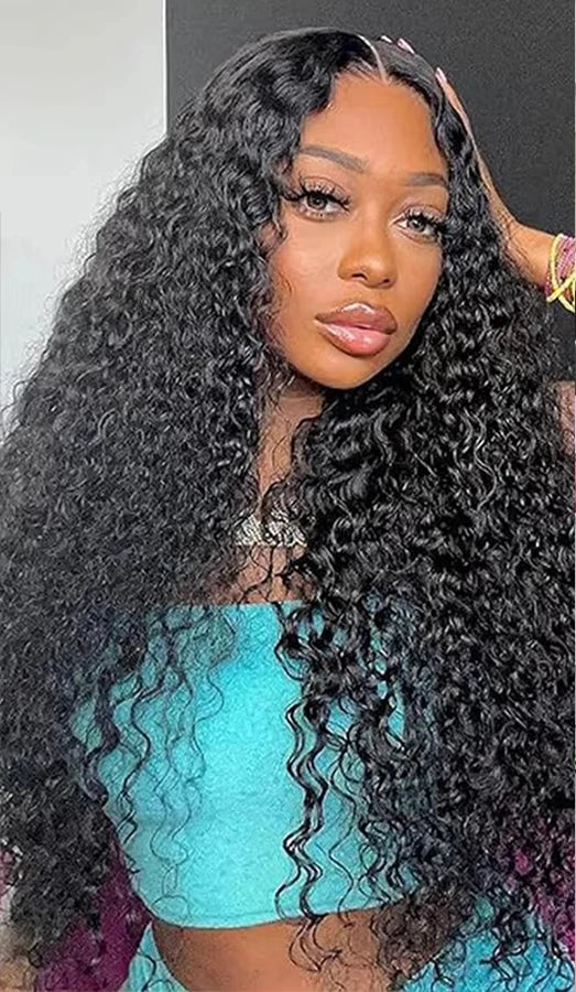 Model wearing Water Wave Wig HD Lace 4x4 Glueless – Dream Flow, styled in soft waves with a flawless lace melt and glueless fit.