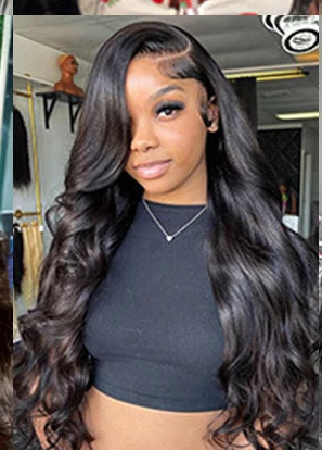 Model wearing Wig Body Wave HD Lace 13x6/13x4 Extra Long – Natural – Rooted Rhythm, styled with transparent lace and soft glam texture.
