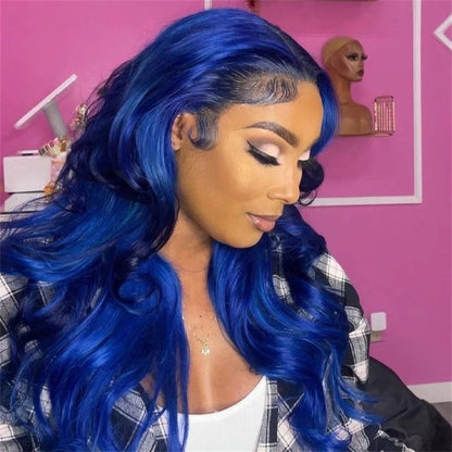 Model wearing Wig Body Wave HD Lace 13x6 – Dark Blue – Deep Sea Theory, styled with transparent lace and soft glam texture.
