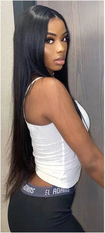 Model wearing Wig Bone Straight HD Lace 13x6 – Natural 1B – Silk Voltage, styled sleek with transparent lace and polished silk press texture.
