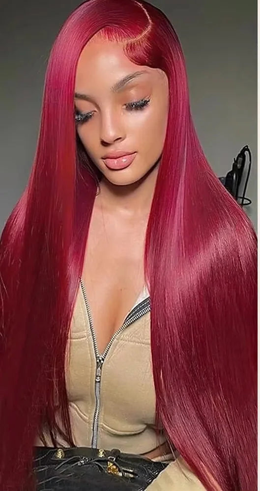 Model wearing Wig Straight HD Lace 13x4 – 99J Burgundy – Power Wine, styled sleek with transparent lace and rich wine tone.