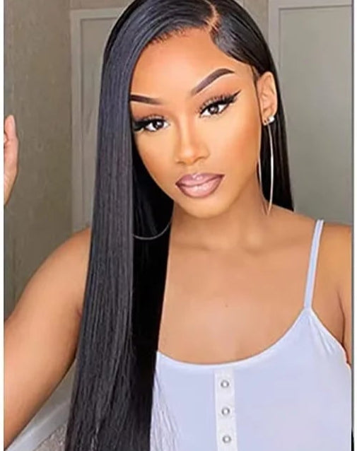 Model wearing Wig Straight HD Lace 13x4 & 13x6 – 1B Natural – Glow Mode, styled sleek with transparent lace and natural color.