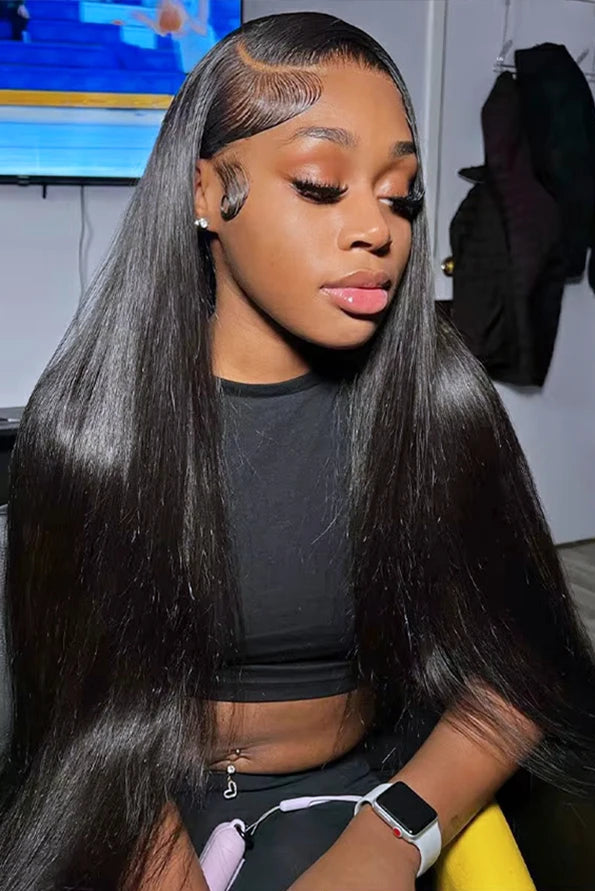 Model wearing Wig Straight HD Lace 13x6 – 1B Natural – Sleek Nova, styled sleek with transparent lace and polished finish.