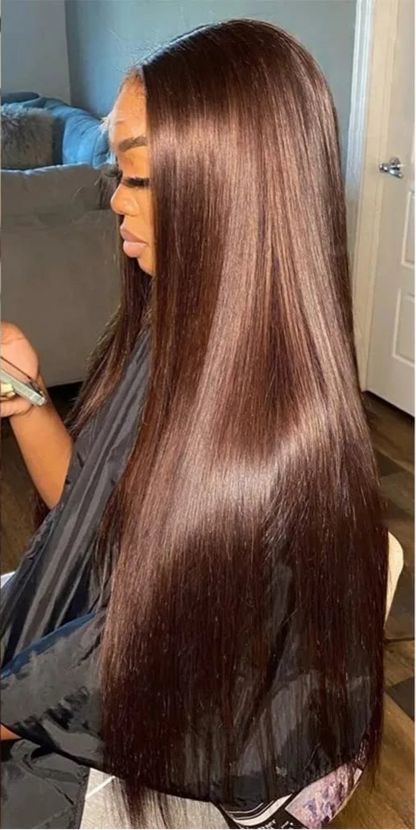 Model wearing Wig Straight HD Lace 13x6 – Chocolate Brown – Mocha Signal, styled sleek with transparent lace and warm mocha tone.